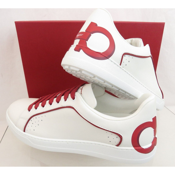 $795 FERRAGAMO MANHATTAN WHITE LEATHER RED GANCINI LOGO SNEAKERS 12 M ITALY main image 8